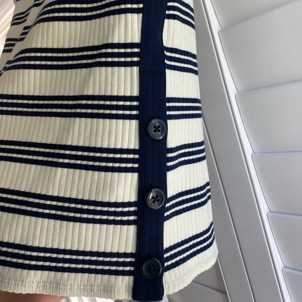J. Crew Navy & White Striped Premium Rib Side Button Boatneck Top Size Small NWT - Picture 4 of 6